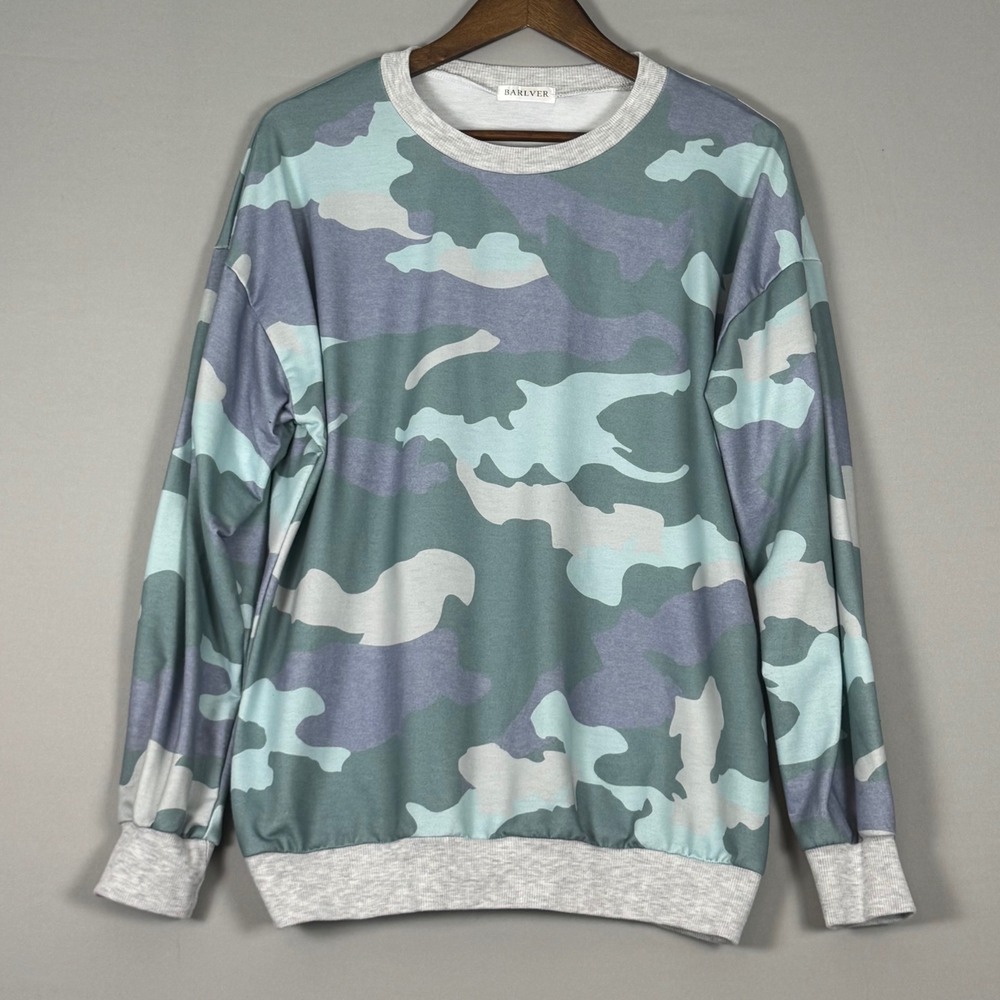 Barlver Camo Sweatshirt Women Size L Blue Green NWOT Long Sleeve Pullover